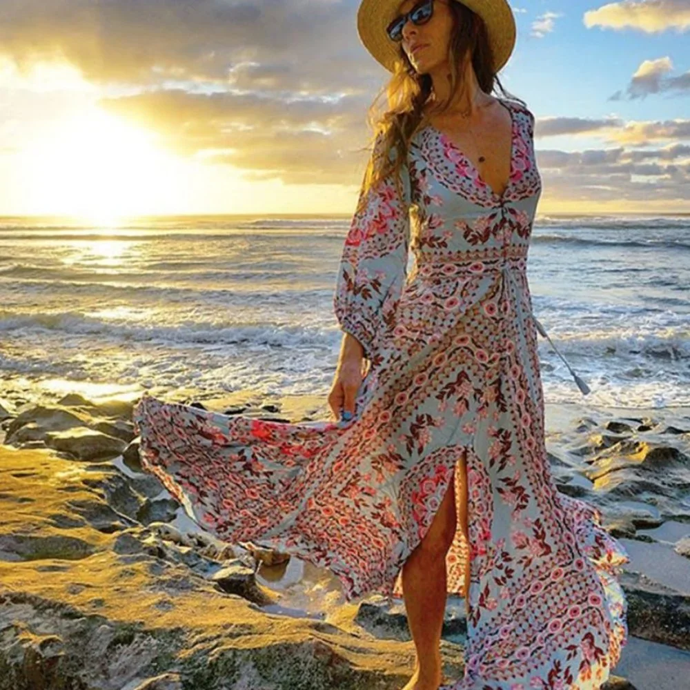 Bohemian Gypsy Blue Floral Print Maxi Dress - Picture 4 of 5